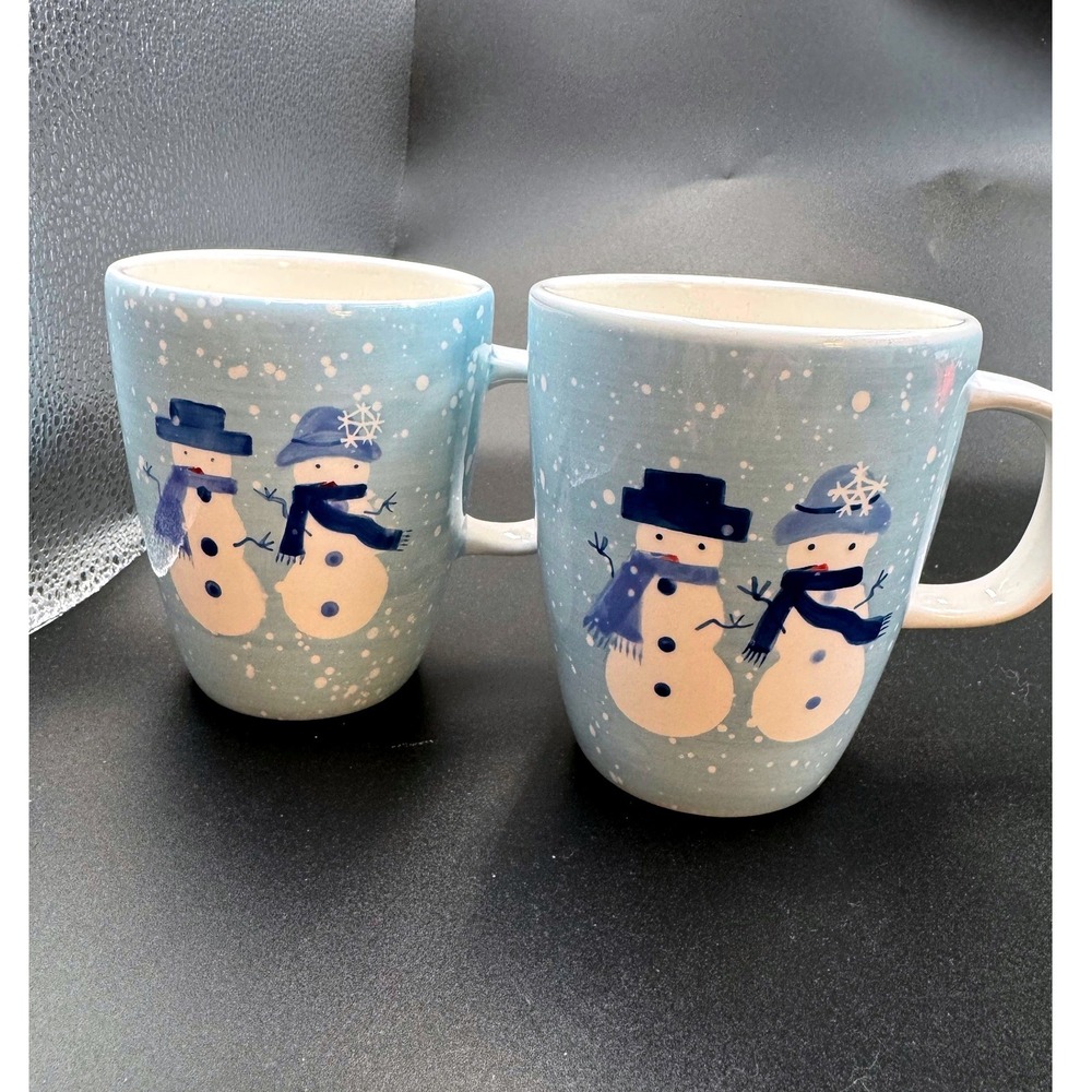 HOME Set of 2 Snowman Winter Holiday Ceramic Coffee Mugs Light Blue White